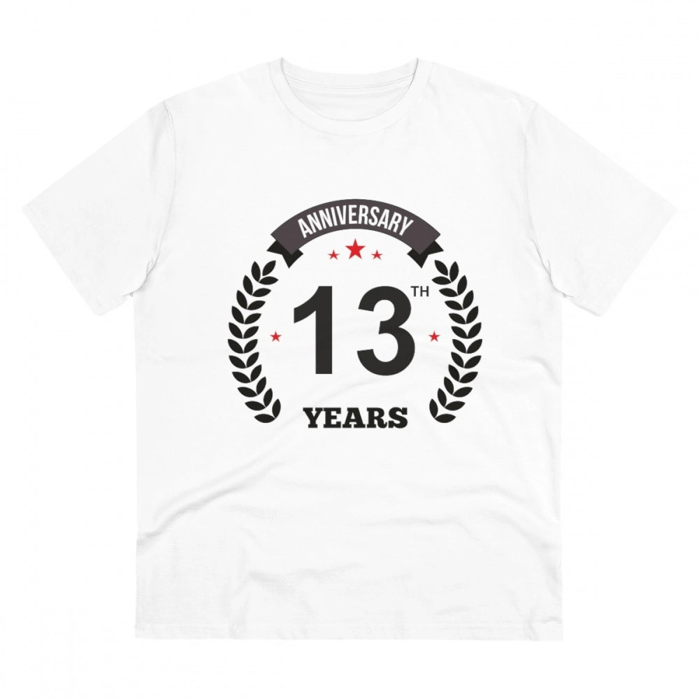 HamariDookan Men's PC Cotton 13th Anniversary Printed T Shirt (Color: White, Thread Count: 180GSM)