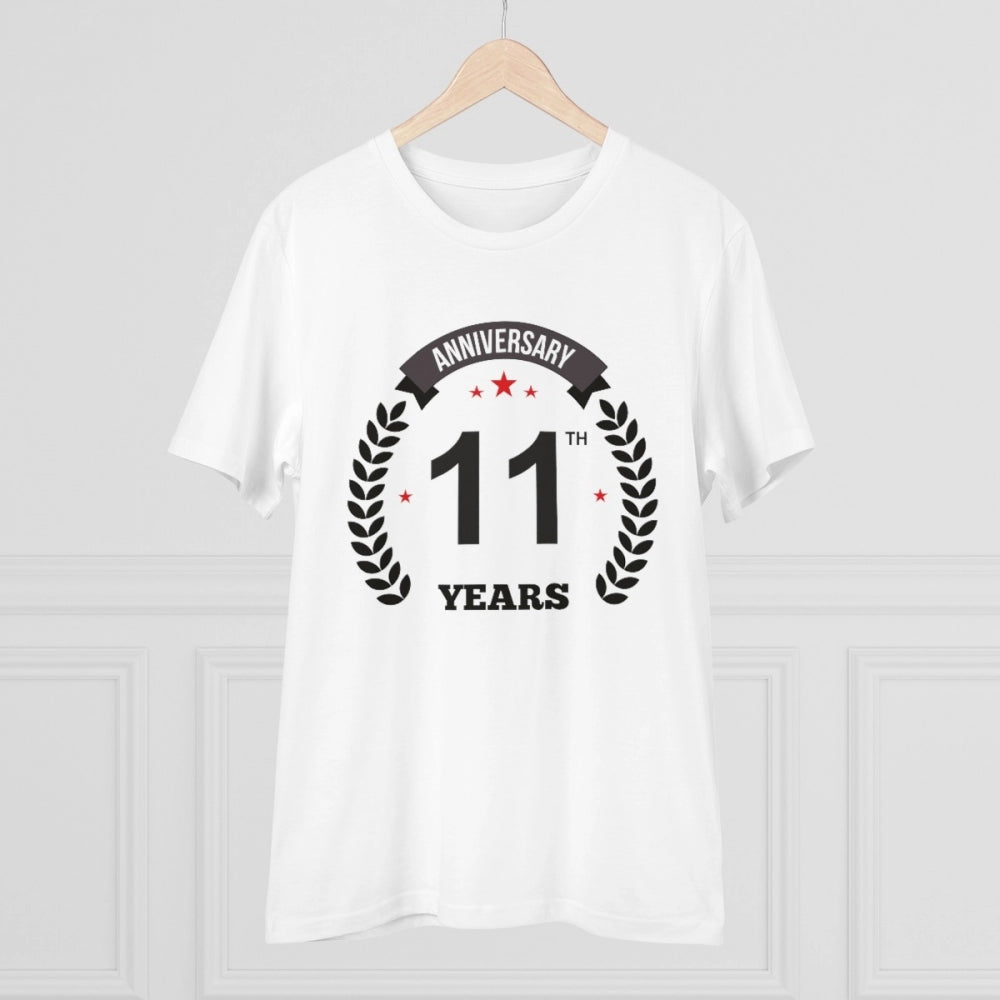 HamariDookan Men's PC Cotton 11th Anniversary Printed T Shirt (Color: White, Thread Count: 180GSM)