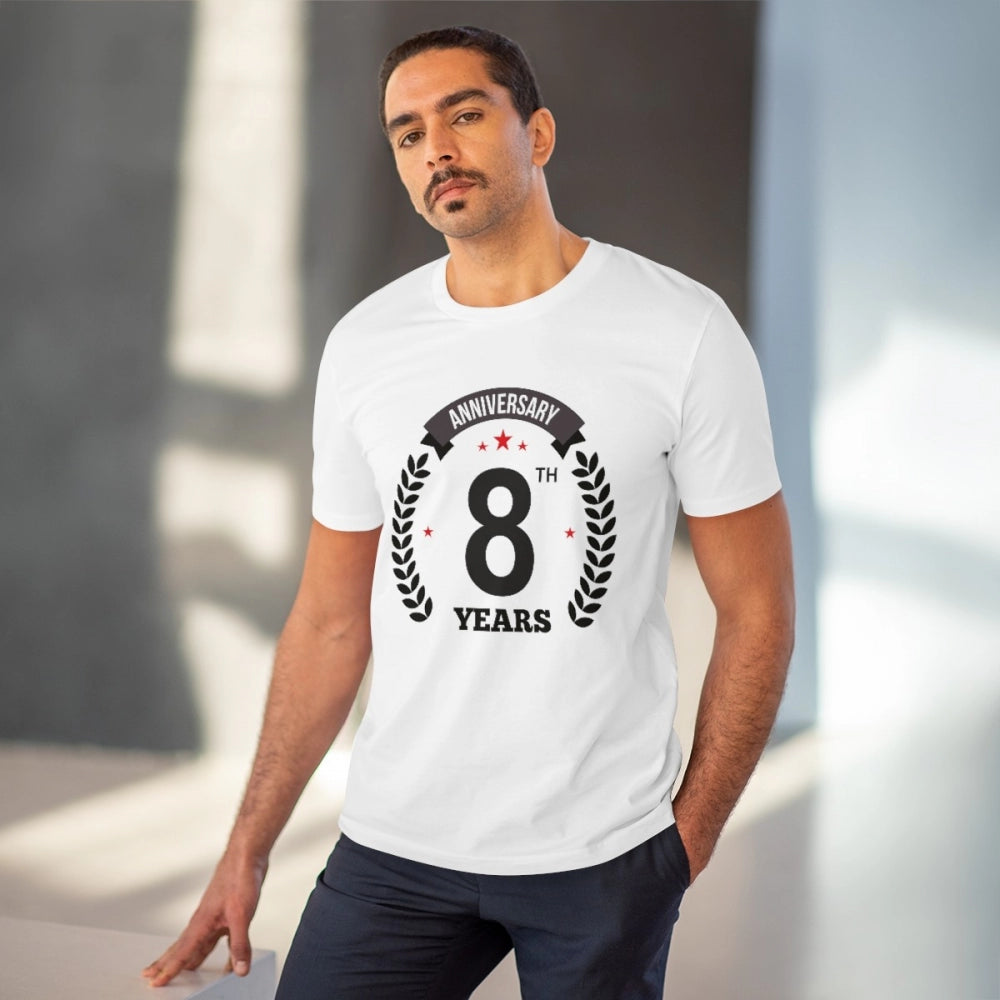 HamariDookan Men's PC Cotton 8th Anniversary Printed T Shirt (Color: White, Thread Count: 180GSM)