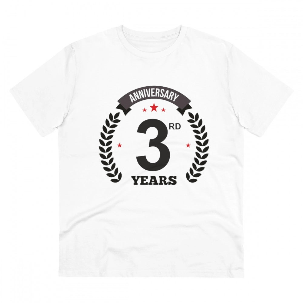 HamariDookan Men's PC Cotton 3rd Anniversary Printed T Shirt (Color: White, Thread Count: 180GSM)