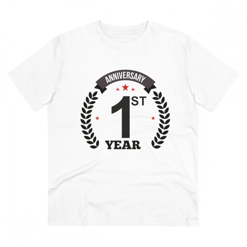 HamariDookan Men's PC Cotton 1st Anniversary Printed T Shirt (Color: White, Thread Count: 180GSM)