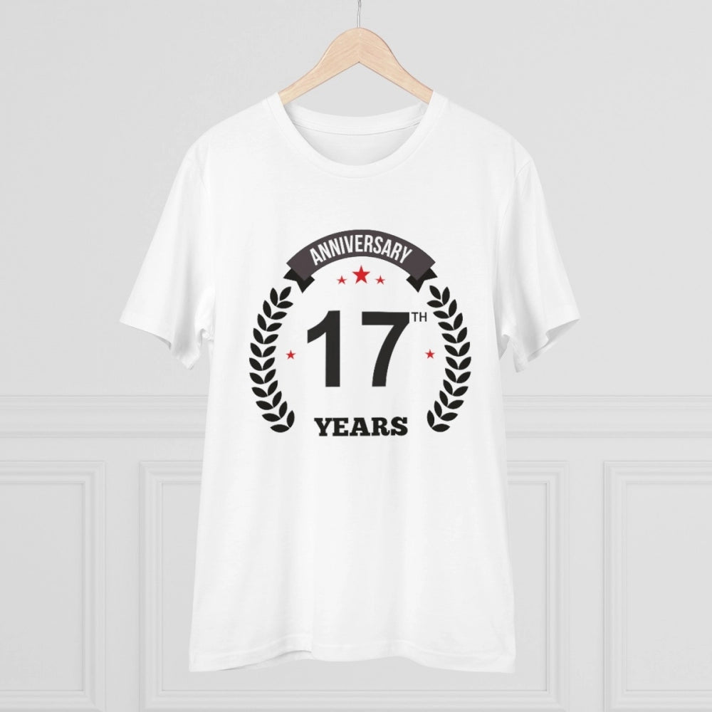 HamariDookan Men's PC Cotton 17th Anniversary Printed T Shirt (Color: White, Thread Count: 180GSM)