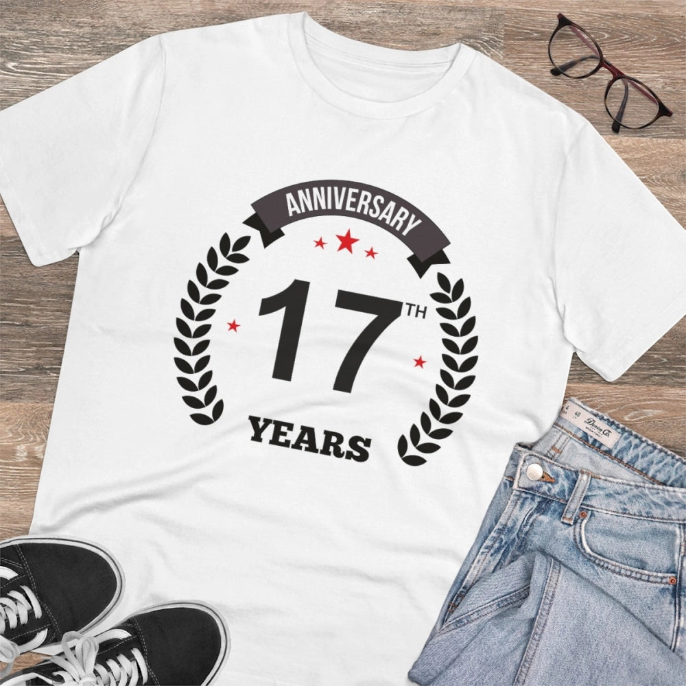 HamariDookan Men's PC Cotton 17th Anniversary Printed T Shirt (Color: White, Thread Count: 180GSM)
