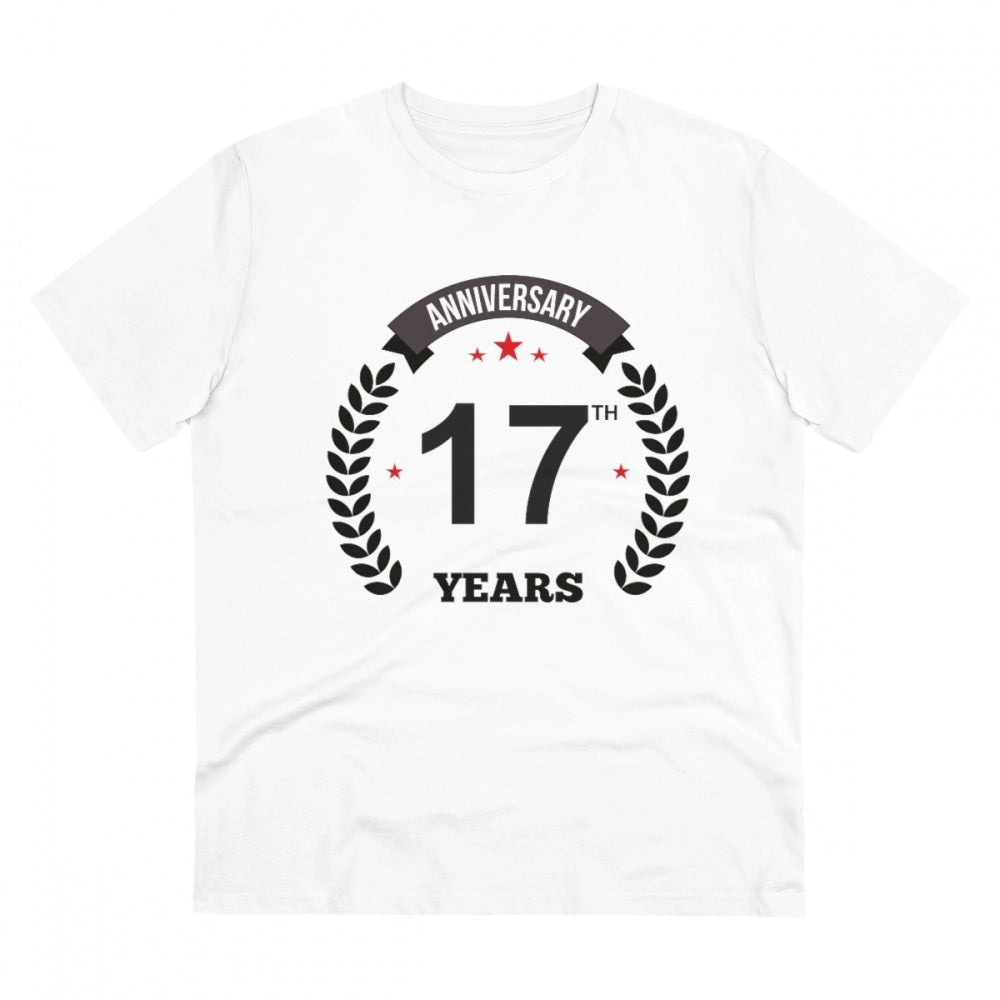 HamariDookan Men's PC Cotton 17th Anniversary Printed T Shirt (Color: White, Thread Count: 180GSM)