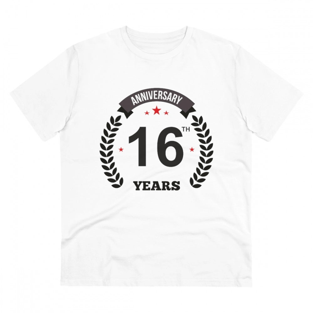 HamariDookan Men's PC Cotton 16th Anniversary Printed T Shirt (Color: White, Thread Count: 180GSM)