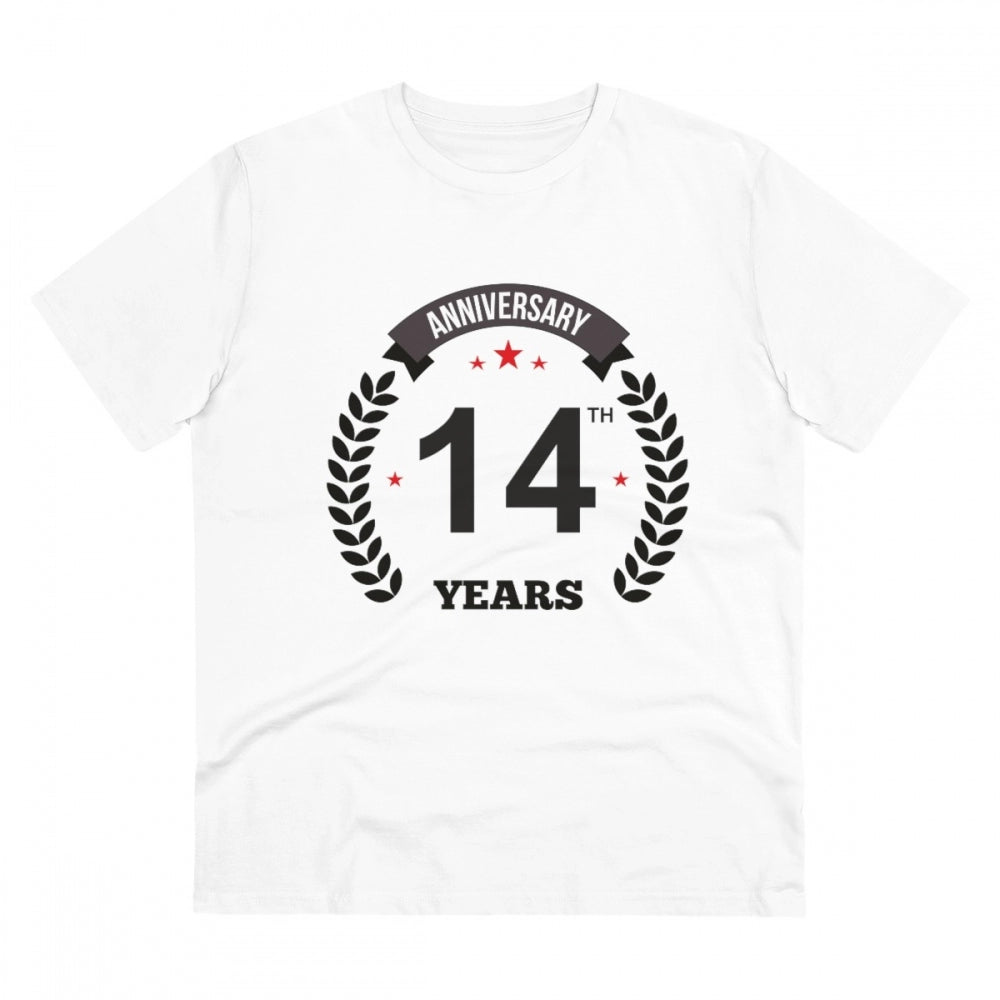 HamariDookan Men's PC Cotton 14th Anniversary Printed T Shirt (Color: White, Thread Count: 180GSM)