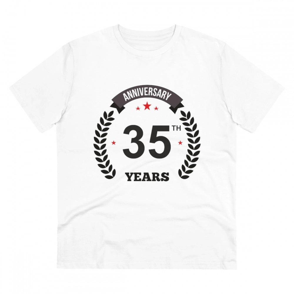HamariDookan Men's PC Cotton 35th Anniversary Printed T Shirt (Color: White, Thread Count: 180GSM)