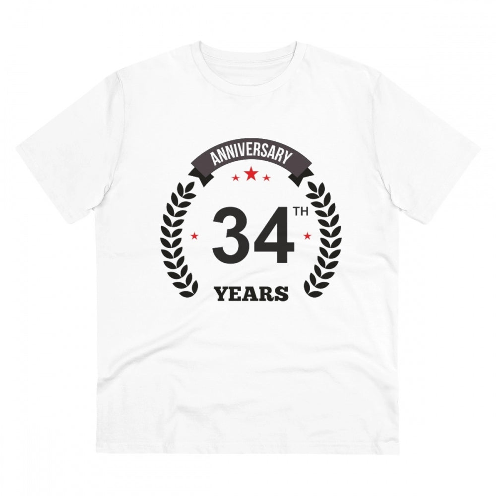 HamariDookan Men's PC Cotton 34th Anniversary Printed T Shirt (Color: White, Thread Count: 180GSM)