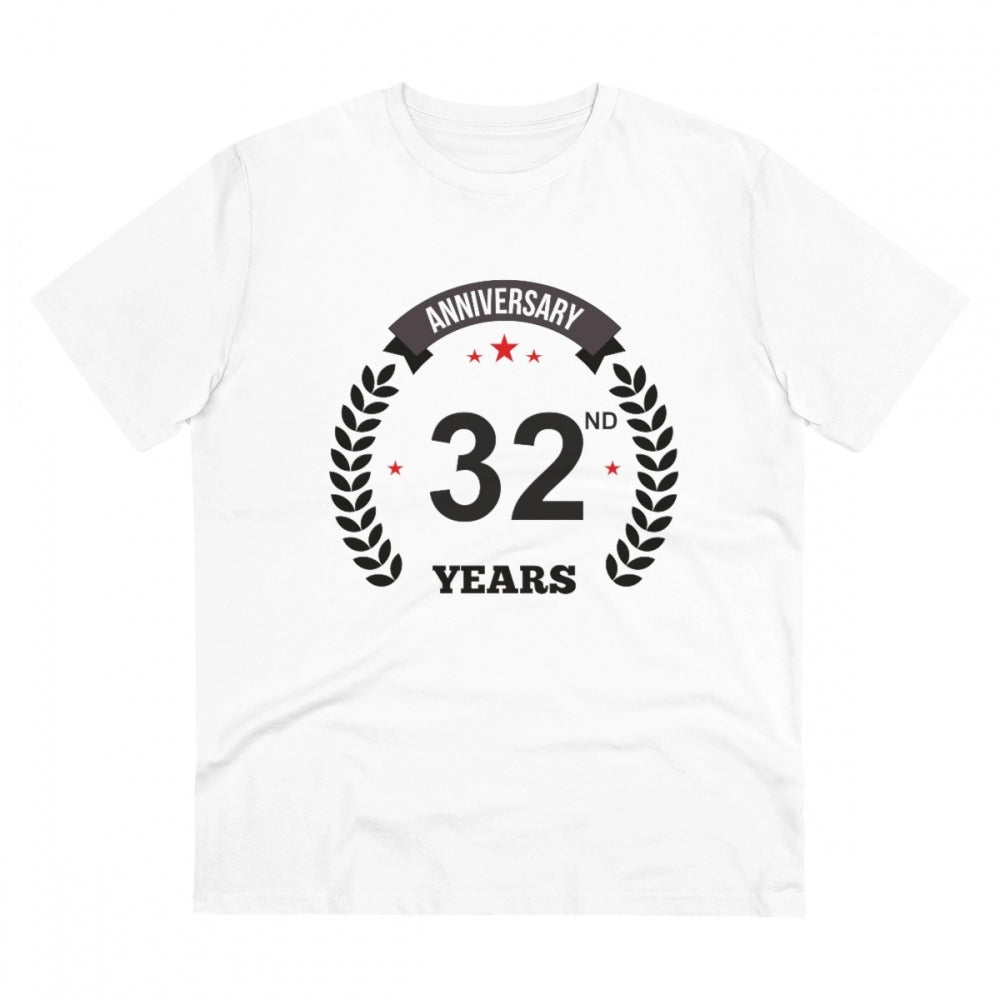 HamariDookan Men's PC Cotton 32nd Anniversary Printed T Shirt (Color: White, Thread Count: 180GSM)