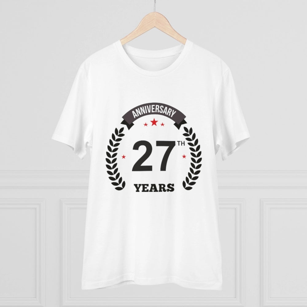 HamariDookan Men's PC Cotton 27th Anniversary Printed T Shirt (Color: White, Thread Count: 180GSM)