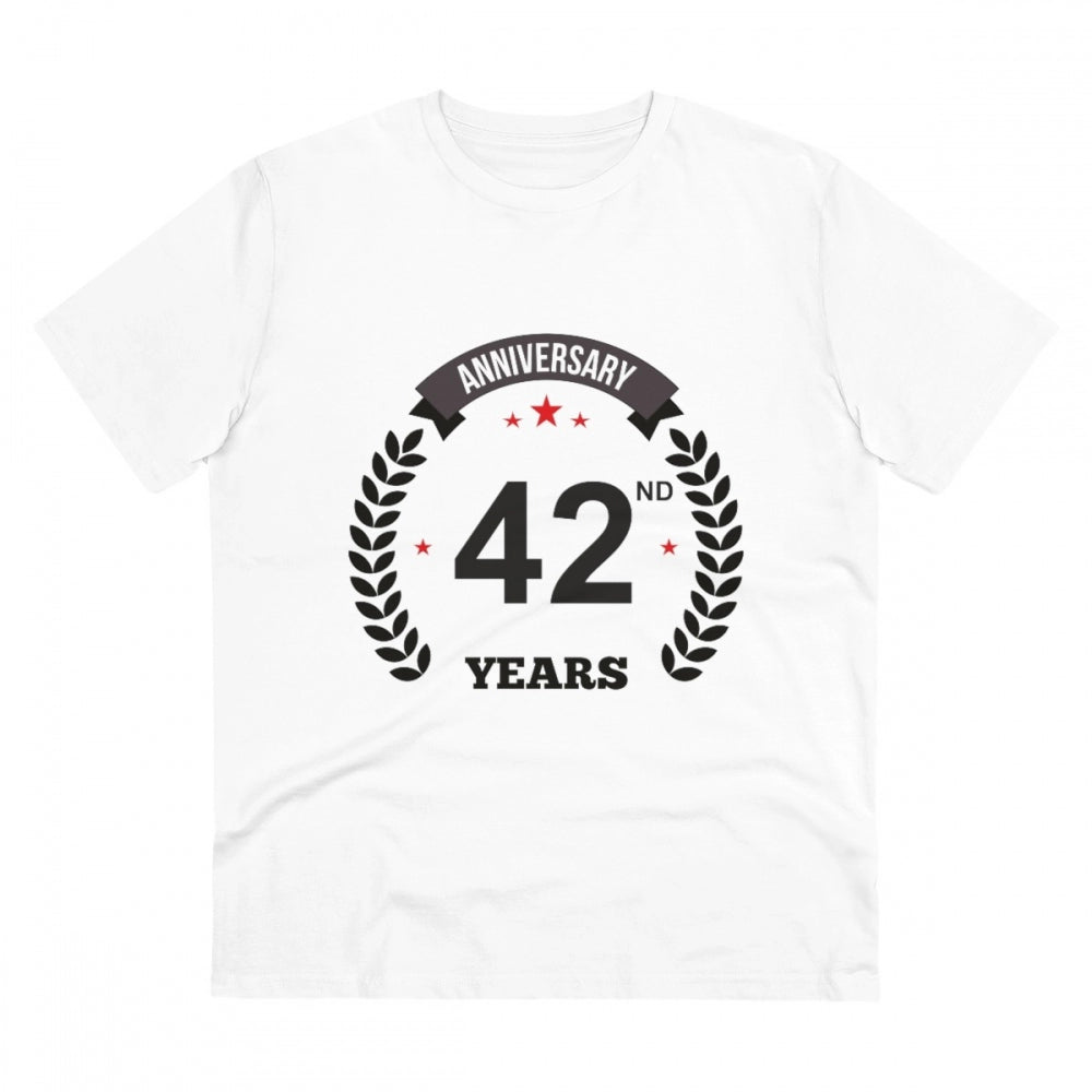 HamariDookan Men's PC Cotton 42nd Anniversary Printed T Shirt (Color: White, Thread Count: 180GSM)