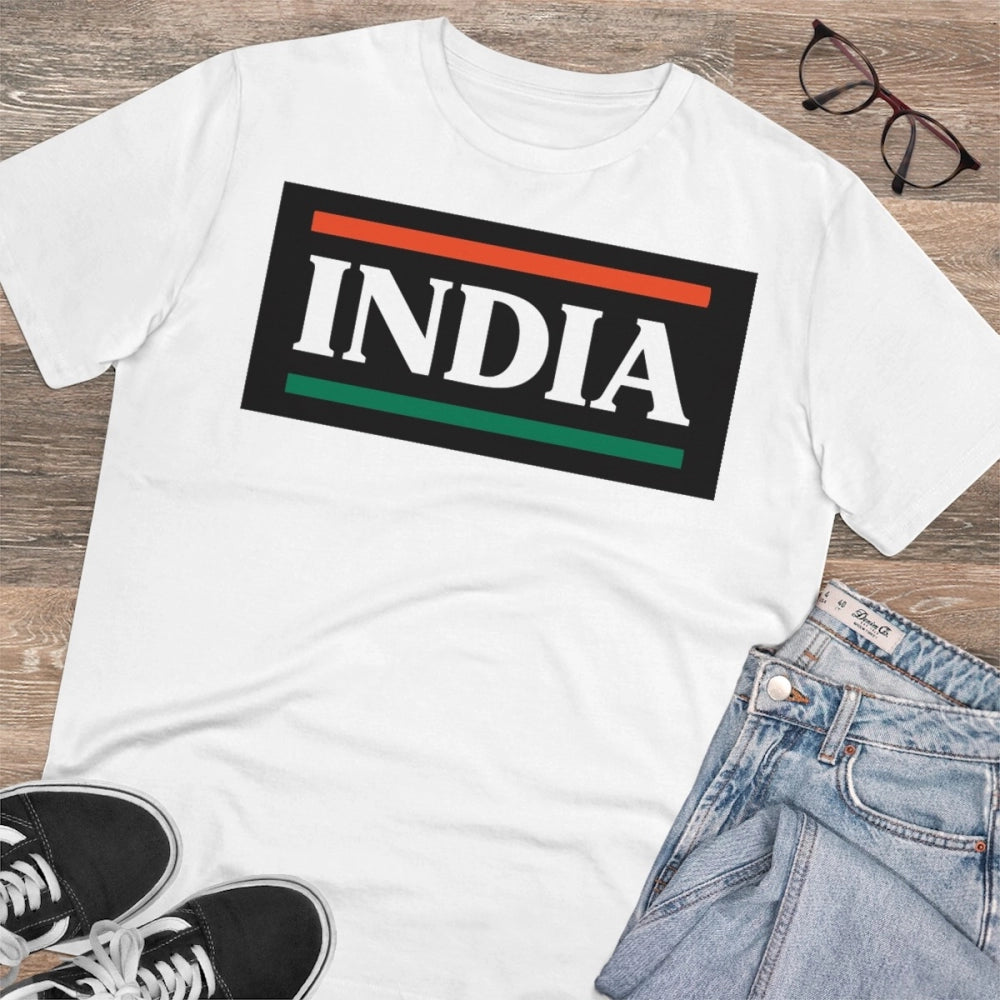 HamariDookan Men's PC Cotton India Printed T Shirt (Color: White, Thread Count: 180GSM)