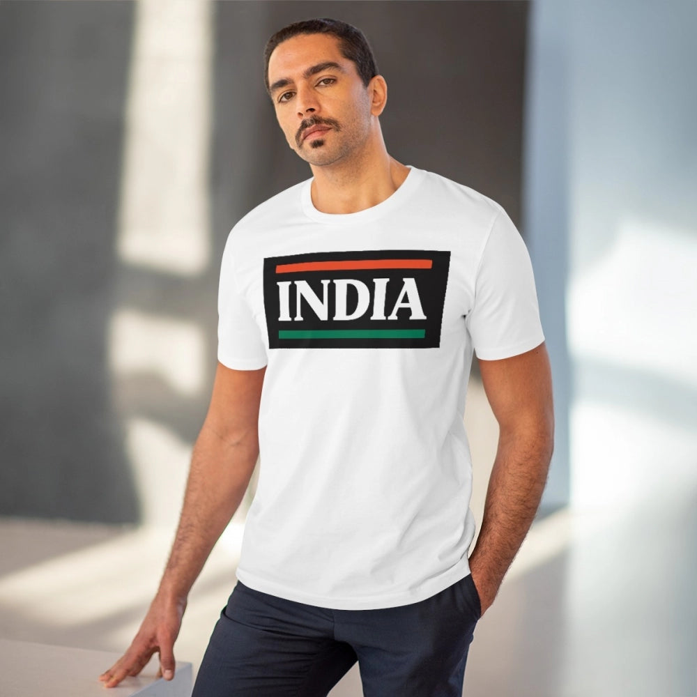 HamariDookan Men's PC Cotton India Printed T Shirt (Color: White, Thread Count: 180GSM)