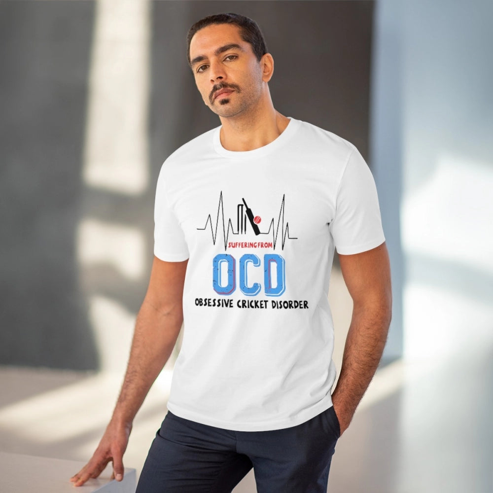 HamariDookan Men's PC Cotton Cricket Design Printed T Shirt (Color: White, Thread Count: 180GSM)