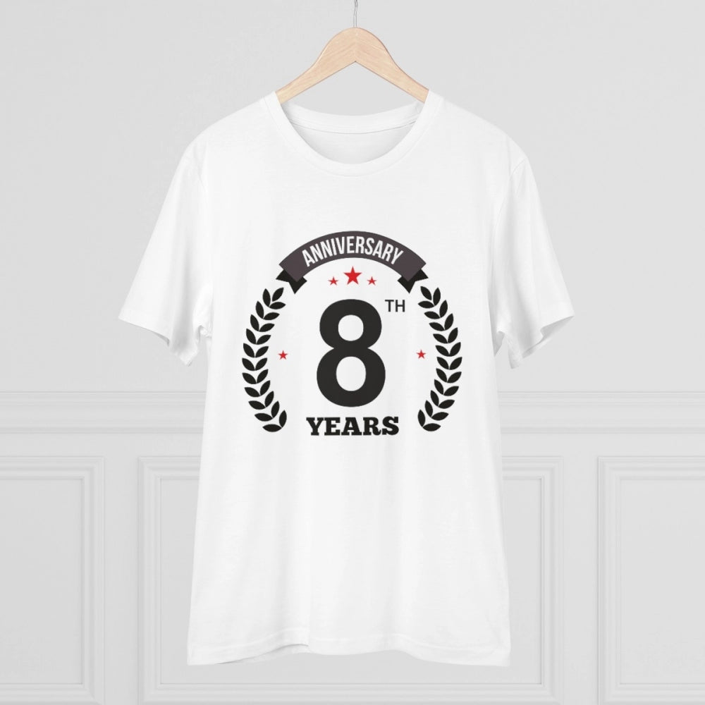 HamariDookan Men's PC Cotton 8th Anniversary Printed T Shirt (Color: White, Thread Count: 180GSM)