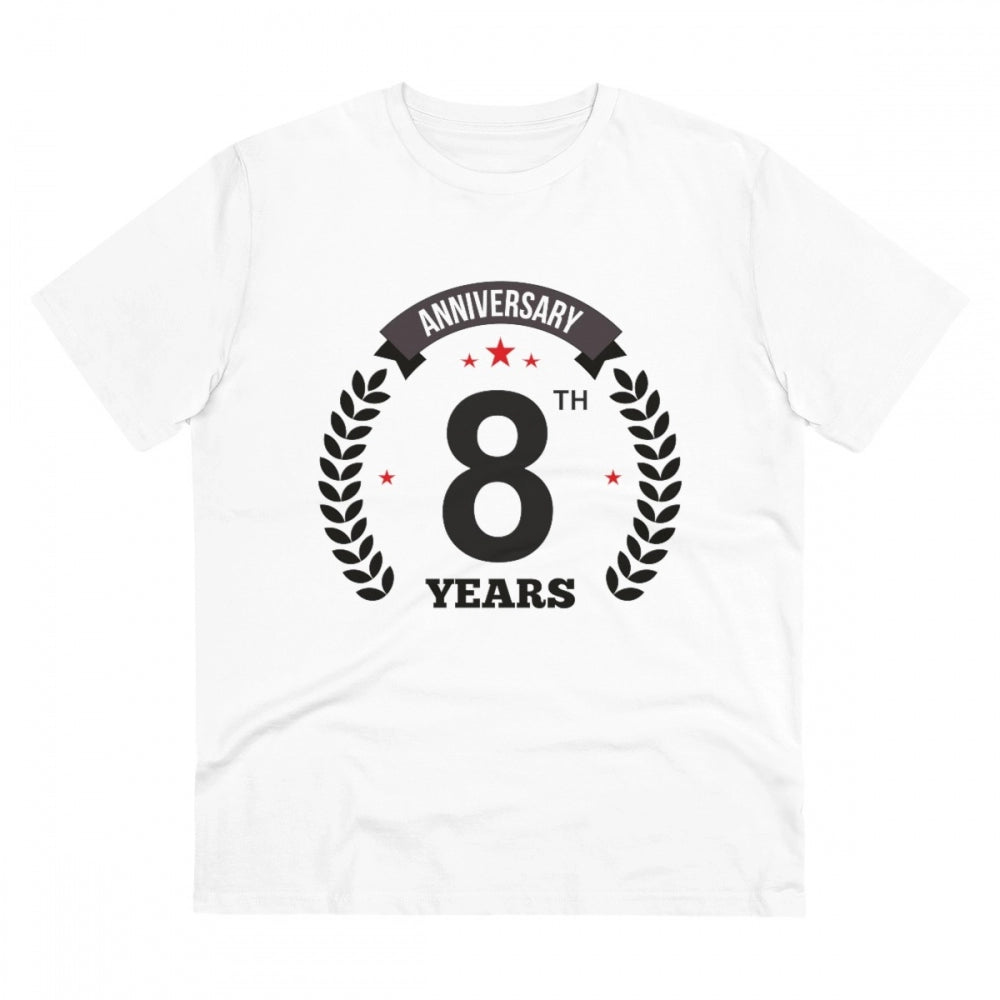 HamariDookan Men's PC Cotton 8th Anniversary Printed T Shirt (Color: White, Thread Count: 180GSM)