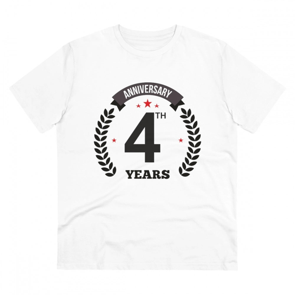 HamariDookan Men's PC Cotton 4th Anniversary Printed T Shirt (Color: White, Thread Count: 180GSM)