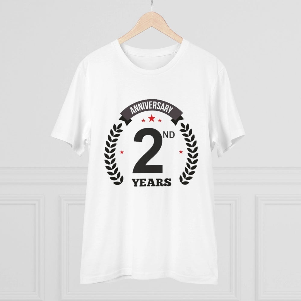 HamariDookan Men's PC Cotton 2nd Anniversary Printed T Shirt (Color: White, Thread Count: 180GSM)