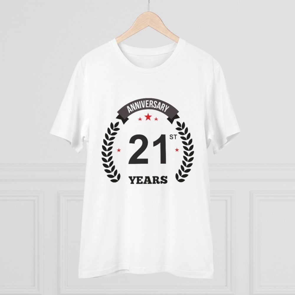 HamariDookan Men's PC Cotton 21st Anniversary Printed T Shirt (Color: White, Thread Count: 180GSM)