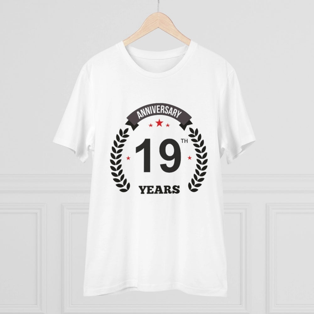 HamariDookan Men's PC Cotton 19th Anniversary Printed T Shirt (Color: White, Thread Count: 180GSM)