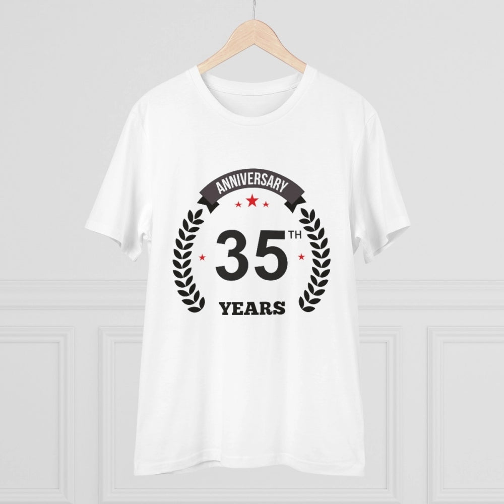 HamariDookan Men's PC Cotton 35th Anniversary Printed T Shirt (Color: White, Thread Count: 180GSM)