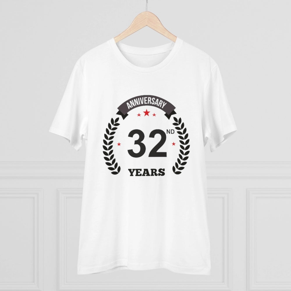 HamariDookan Men's PC Cotton 32nd Anniversary Printed T Shirt (Color: White, Thread Count: 180GSM)