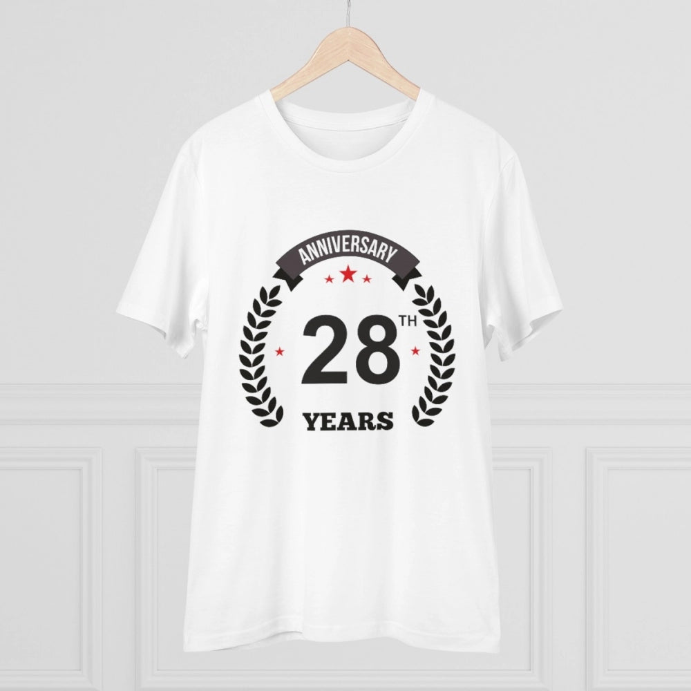 HamariDookan Men's PC Cotton 28th Anniversary Printed T Shirt (Color: White, Thread Count: 180GSM)