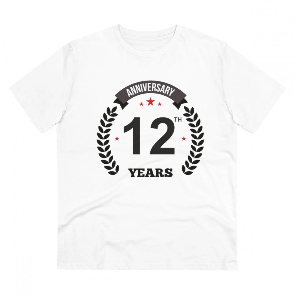 HamariDookan Men's PC Cotton 12th Anniversary Printed T Shirt (Color: White, Thread Count: 180GSM)