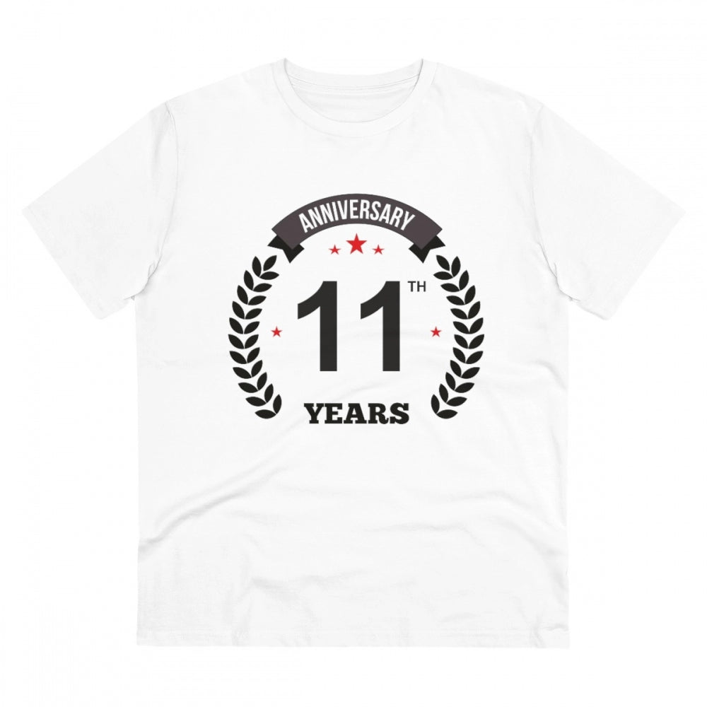 HamariDookan Men's PC Cotton 11th Anniversary Printed T Shirt (Color: White, Thread Count: 180GSM)