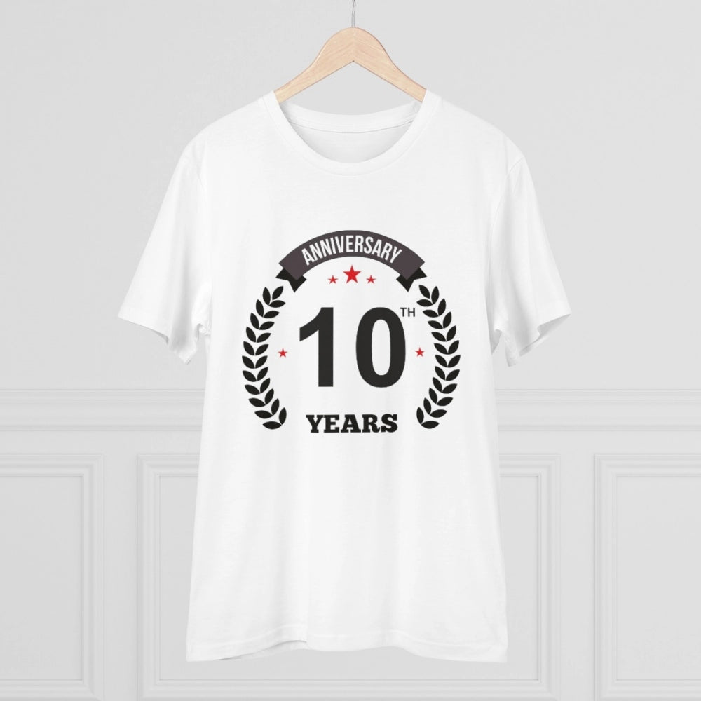 HamariDookan Men's PC Cotton 10th Anniversary Printed T Shirt (Color: White, Thread Count: 180GSM)