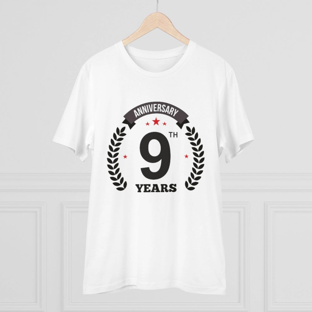HamariDookan Men's PC Cotton 9th Anniversary Printed T Shirt (Color: White, Thread Count: 180GSM)