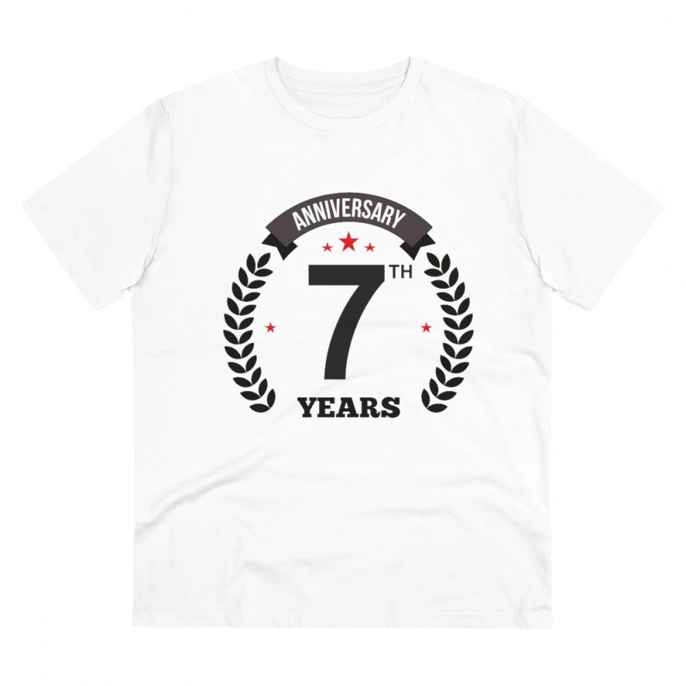 HamariDookan Men's PC Cotton 7th Anniversary Printed T Shirt (Color: White, Thread Count: 180GSM)