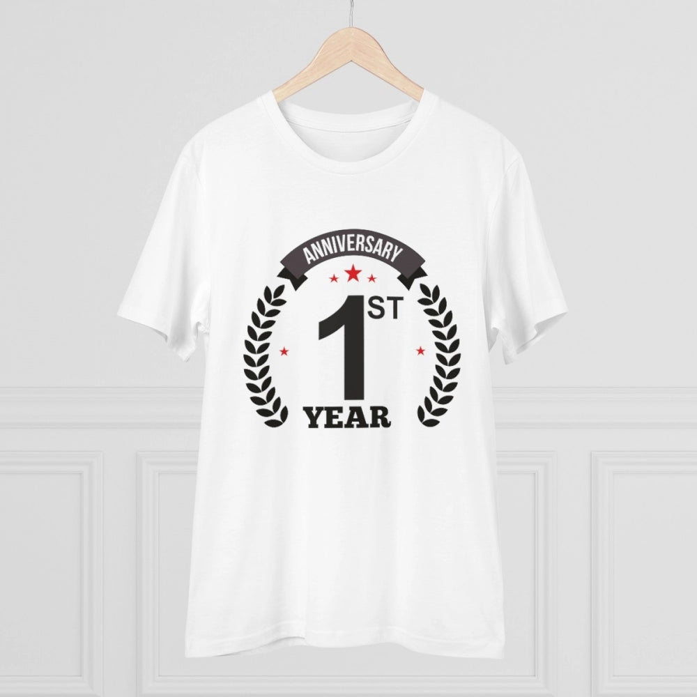 HamariDookan Men's PC Cotton 1st Anniversary Printed T Shirt (Color: White, Thread Count: 180GSM)