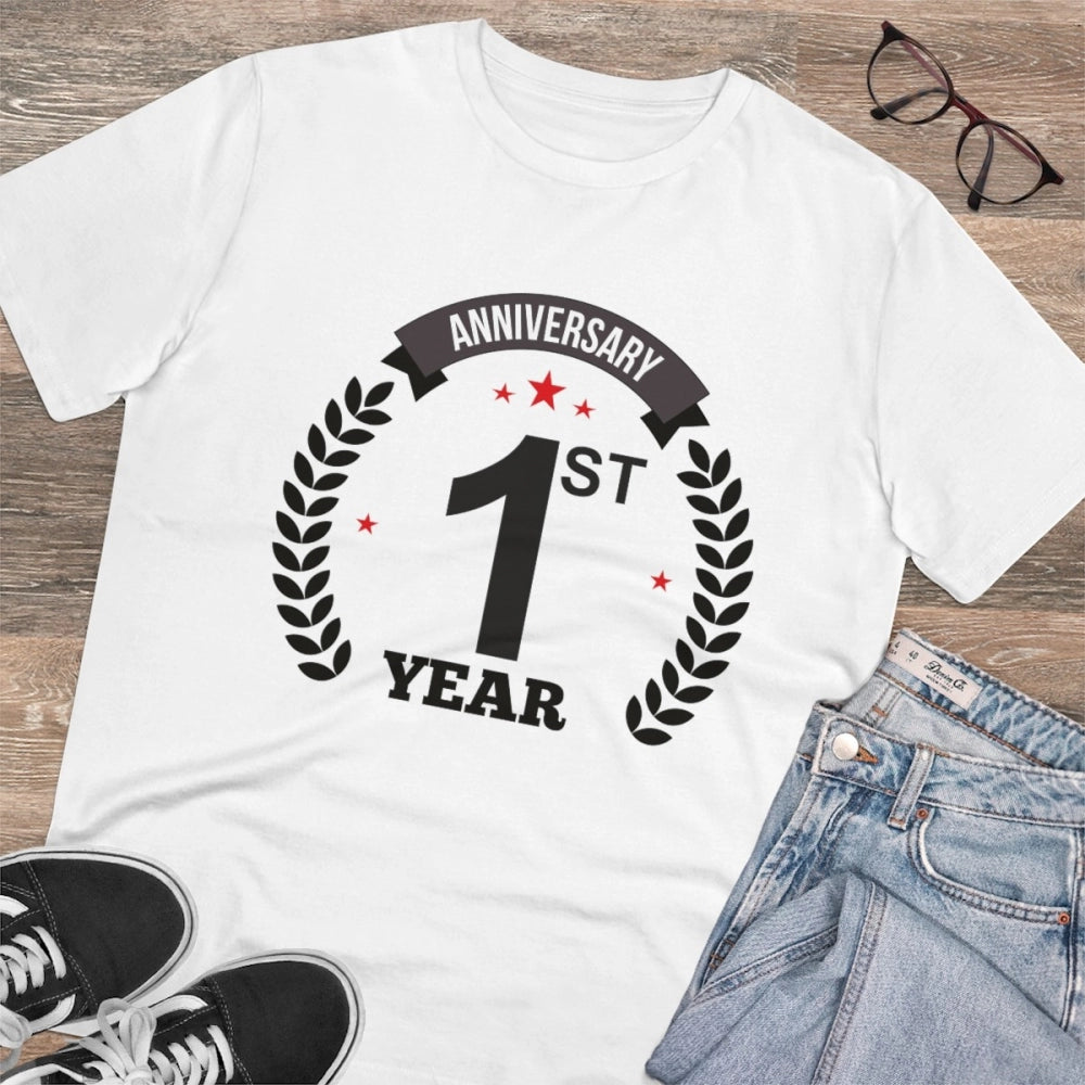 HamariDookan Men's PC Cotton 1st Anniversary Printed T Shirt (Color: White, Thread Count: 180GSM)