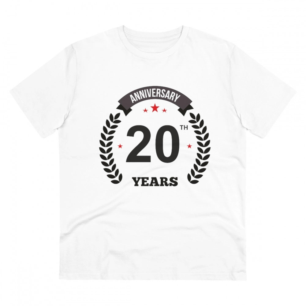 HamariDookan Men's PC Cotton 20th Anniversary Printed T Shirt (Color: White, Thread Count: 180GSM)