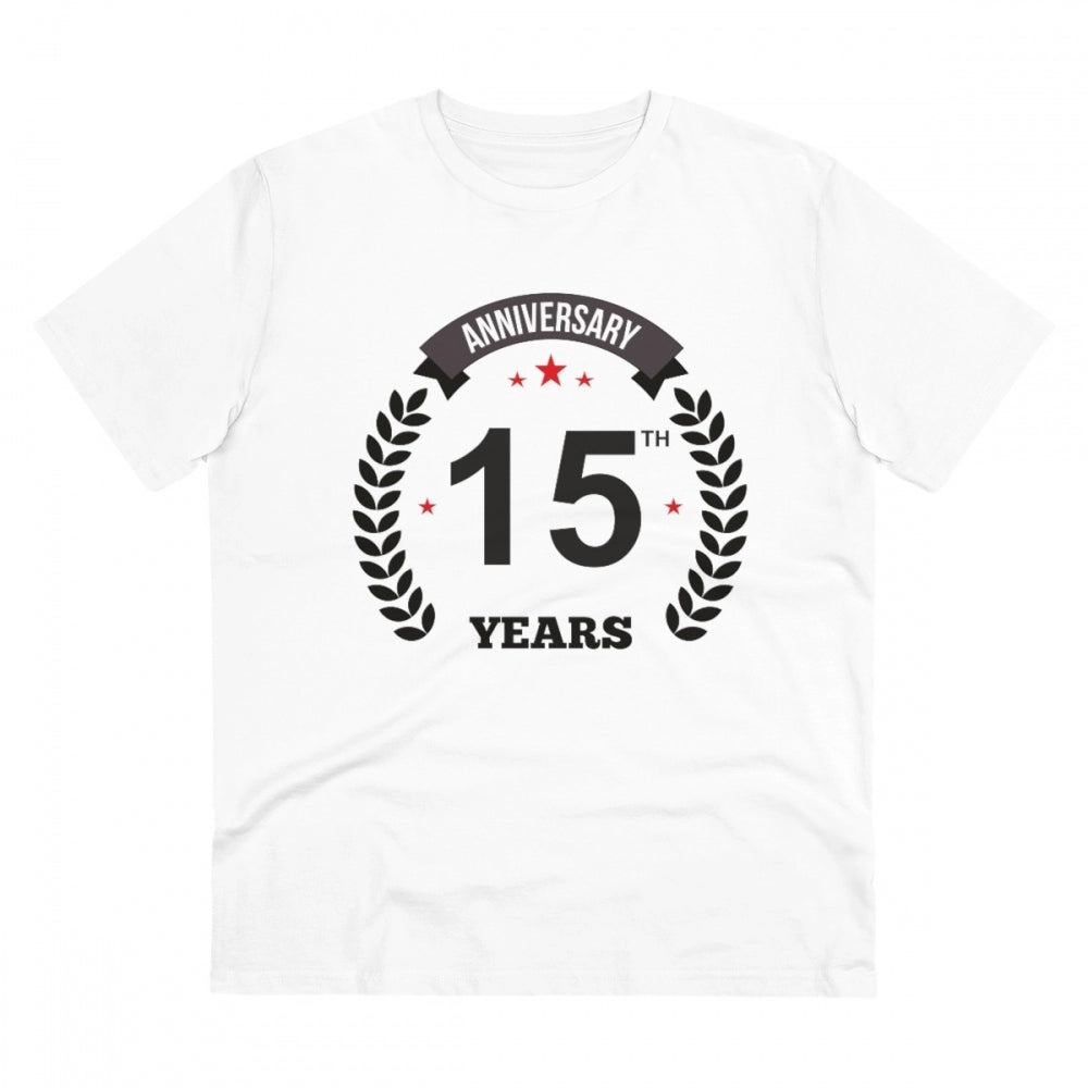 HamariDookan Men's PC Cotton 15th Anniversary Printed T Shirt (Color: White, Thread Count: 180GSM)