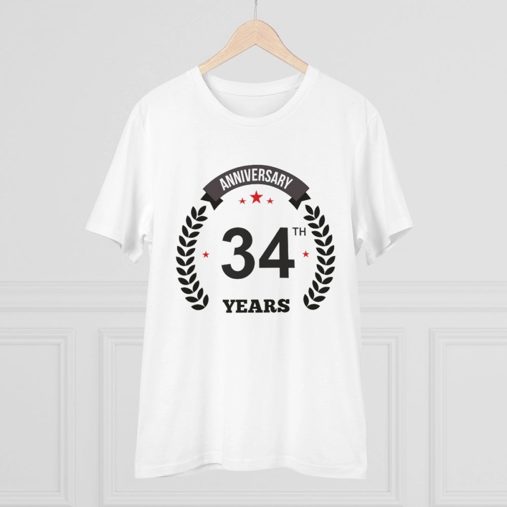 HamariDookan Men's PC Cotton 34th Anniversary Printed T Shirt (Color: White, Thread Count: 180GSM)