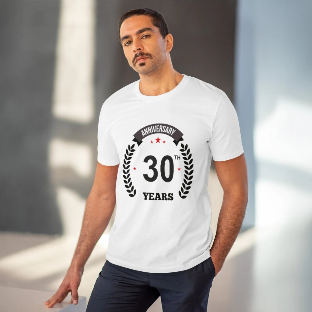 HamariDookan Men's PC Cotton 30th Anniversary Printed T Shirt (Color: White, Thread Count: 180GSM)