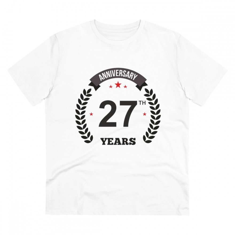 HamariDookan Men's PC Cotton 27th Anniversary Printed T Shirt (Color: White, Thread Count: 180GSM)