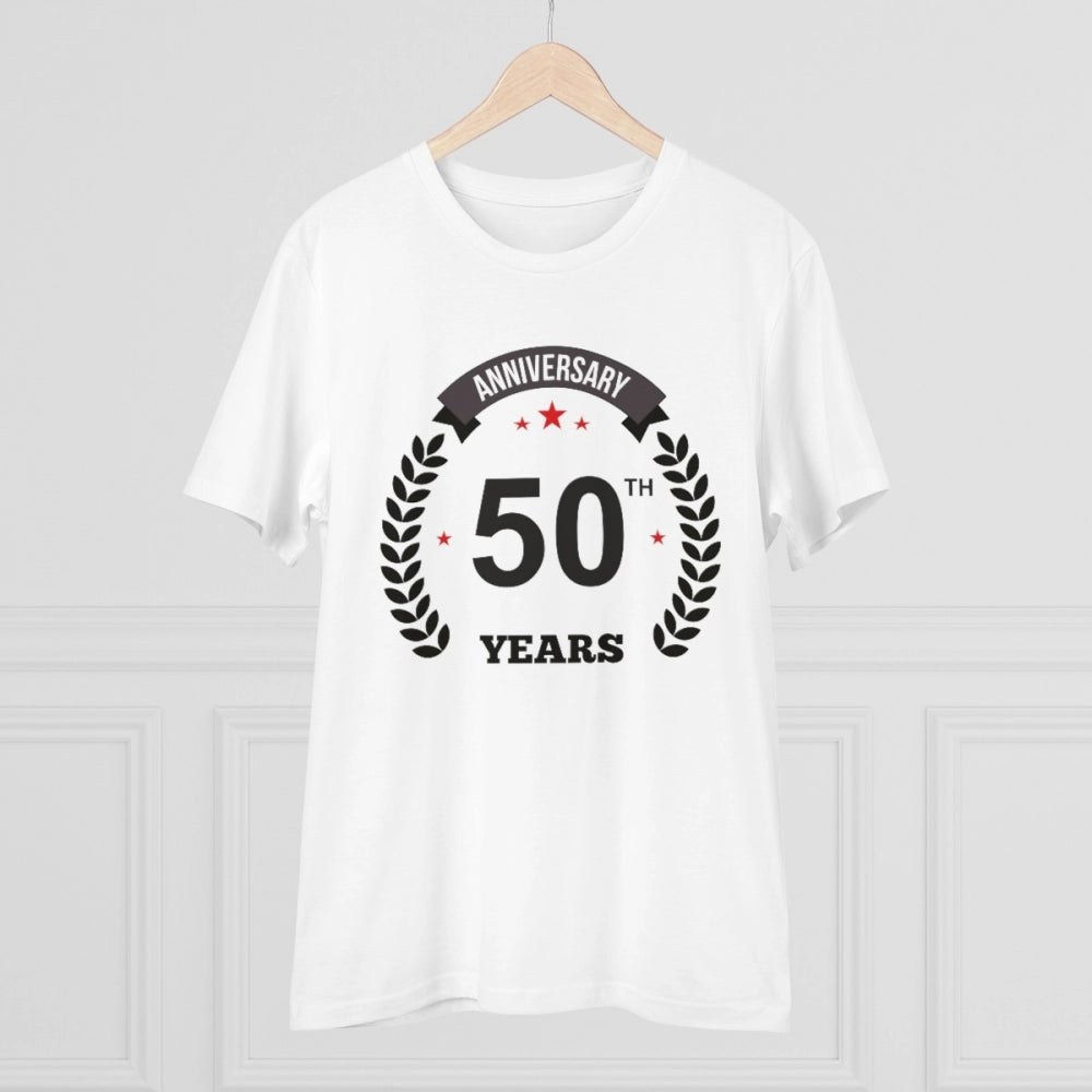 HamariDookan Men's PC Cotton 50th Anniversary Printed T Shirt (Color: White, Thread Count: 180GSM)