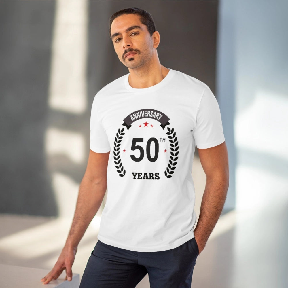 HamariDookan Men's PC Cotton 50th Anniversary Printed T Shirt (Color: White, Thread Count: 180GSM)
