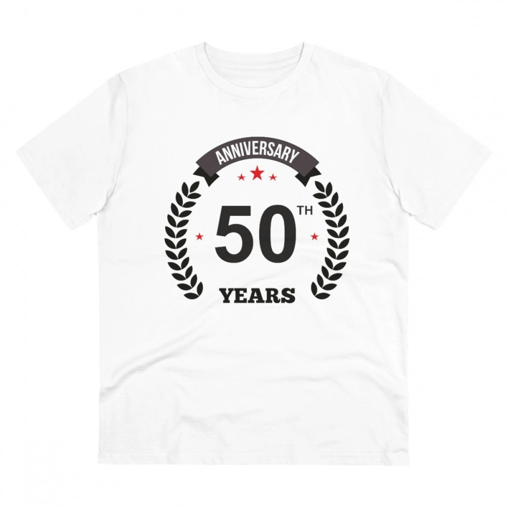 HamariDookan Men's PC Cotton 50th Anniversary Printed T Shirt (Color: White, Thread Count: 180GSM)