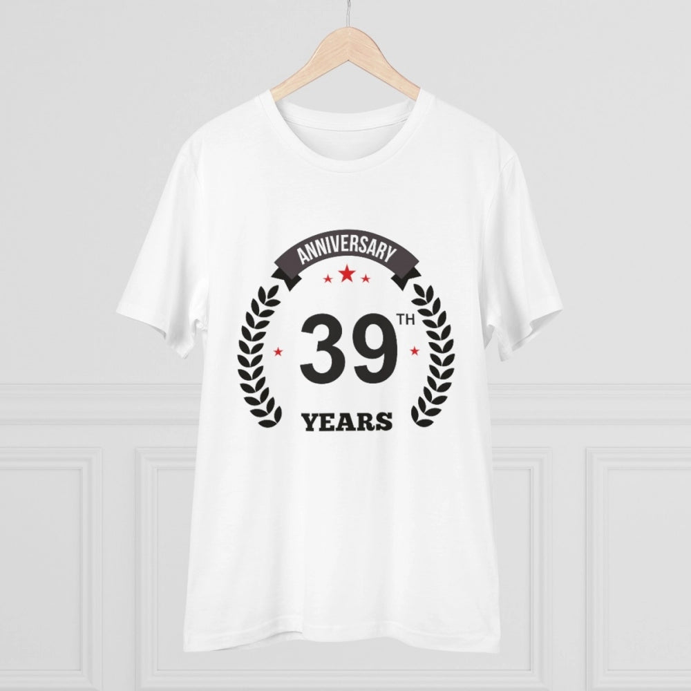 HamariDookan Men's PC Cotton 39th Anniversary Printed T Shirt (Color: White, Thread Count: 180GSM)
