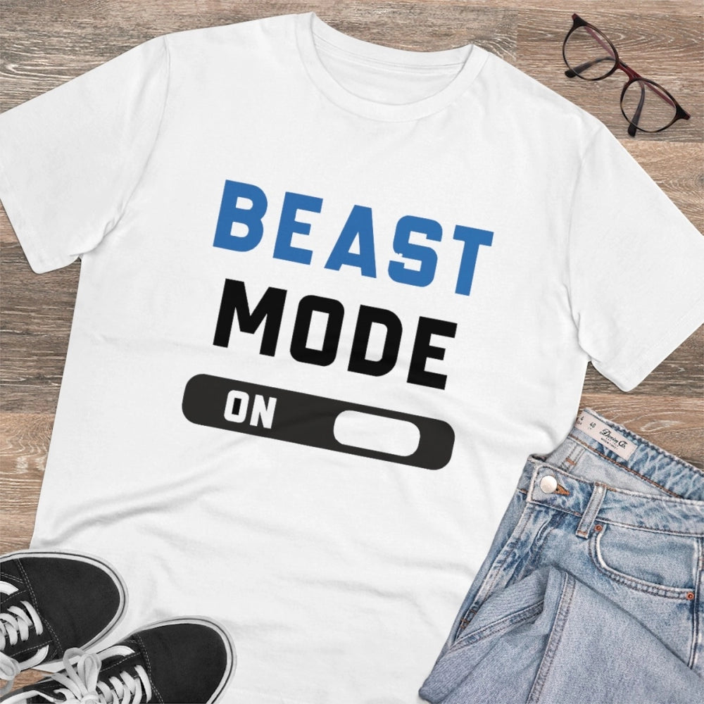 HamariDookan Men's PC Cotton Beast Mode On Printed T Shirt (Color: White, Thread Count: 180GSM)