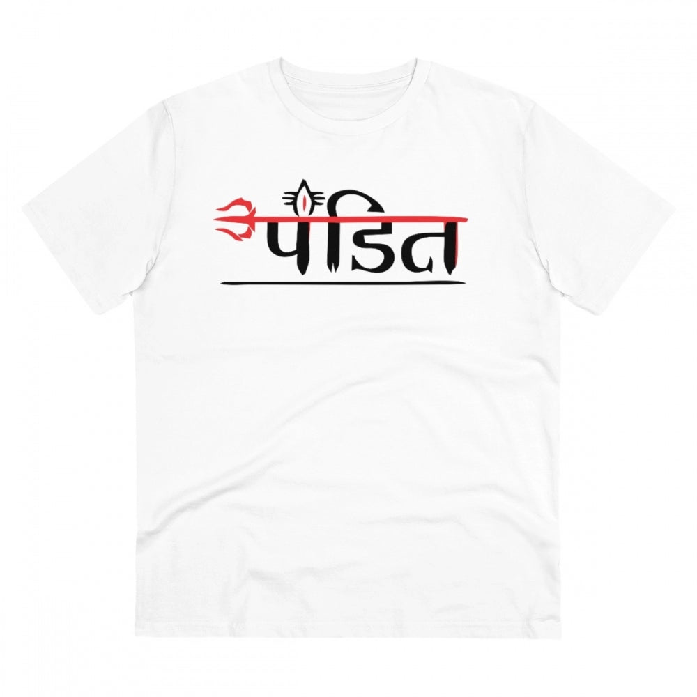 HamariDookan Men's PC Cotton Pandit Printed T Shirt (Color: White, Thread Count: 180GSM)