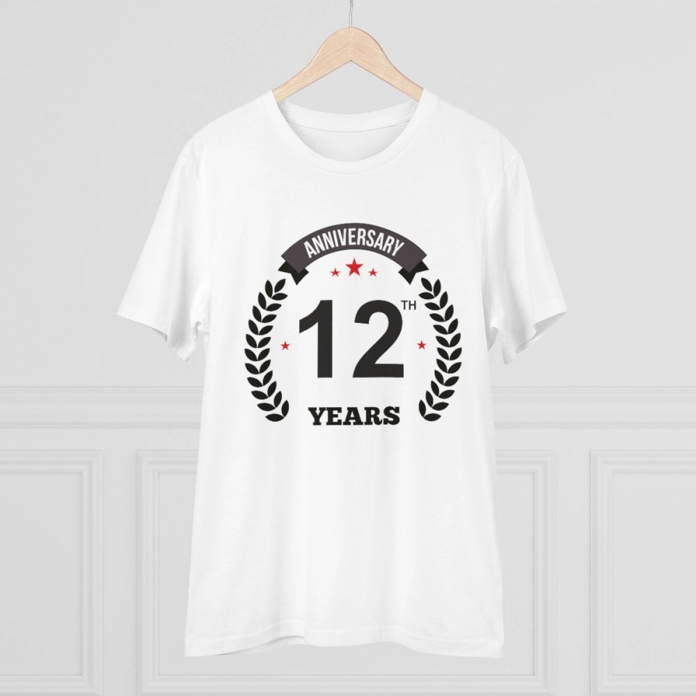 HamariDookan Men's PC Cotton 12th Anniversary Printed T Shirt (Color: White, Thread Count: 180GSM)