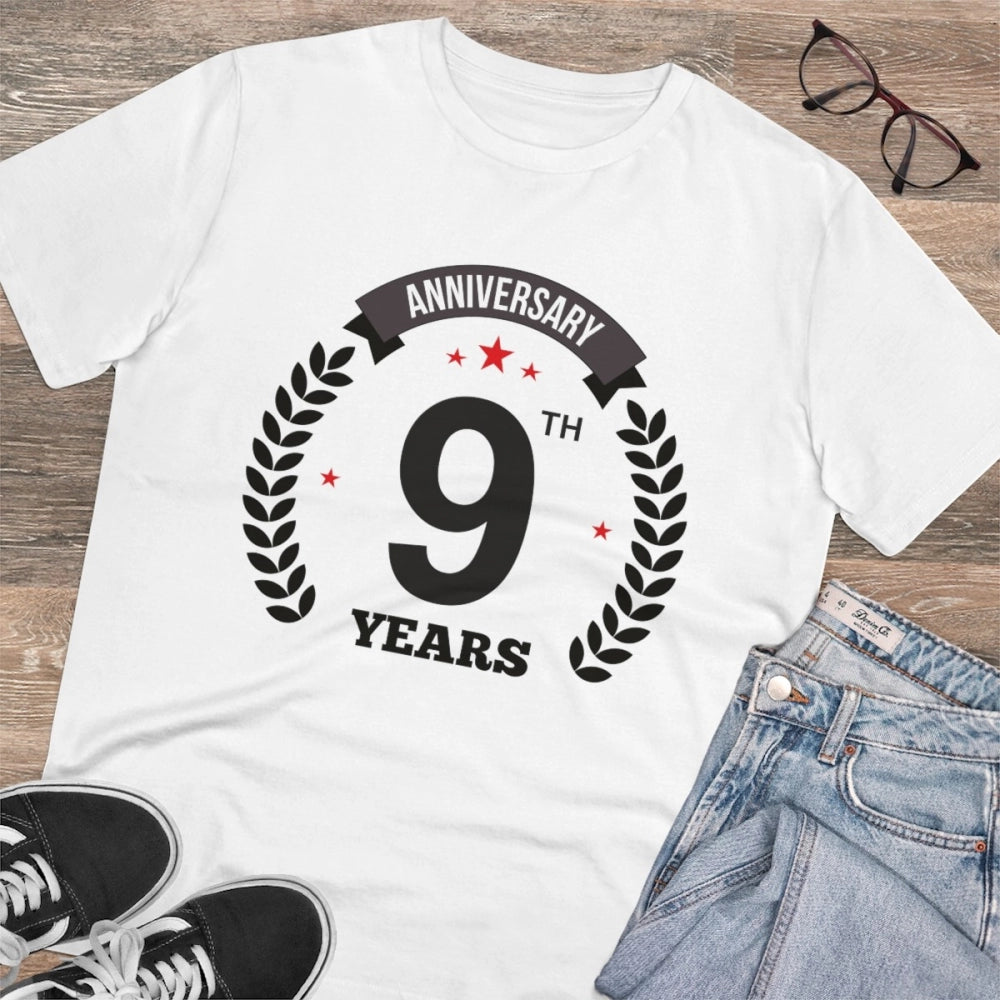 HamariDookan Men's PC Cotton 9th Anniversary Printed T Shirt (Color: White, Thread Count: 180GSM)