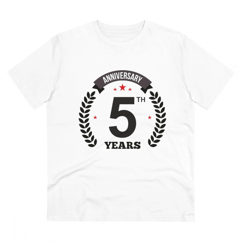 HamariDookan Men's PC Cotton 5th Anniversary Printed T Shirt (Color: White, Thread Count: 180GSM)
