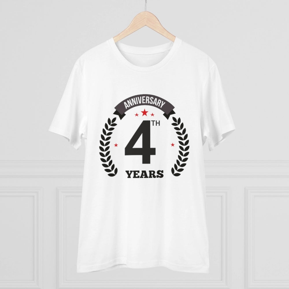 HamariDookan Men's PC Cotton 4th Anniversary Printed T Shirt (Color: White, Thread Count: 180GSM)