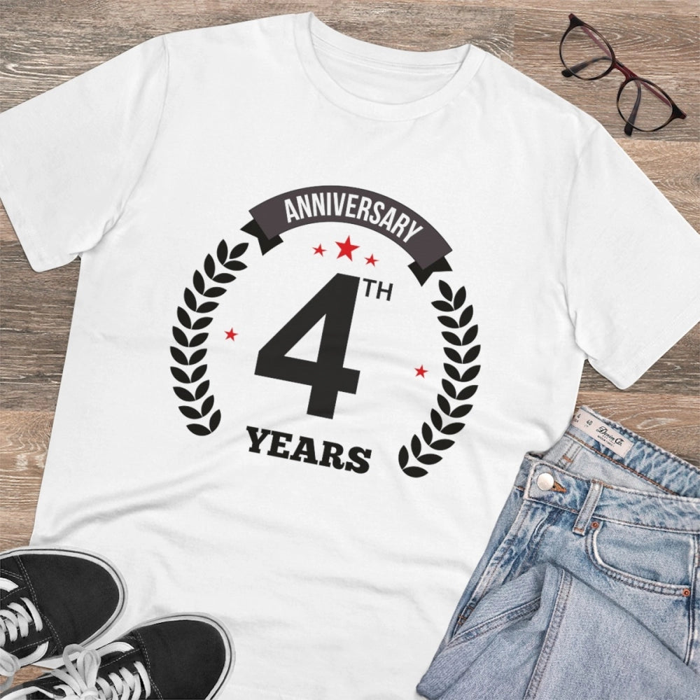 HamariDookan Men's PC Cotton 4th Anniversary Printed T Shirt (Color: White, Thread Count: 180GSM)